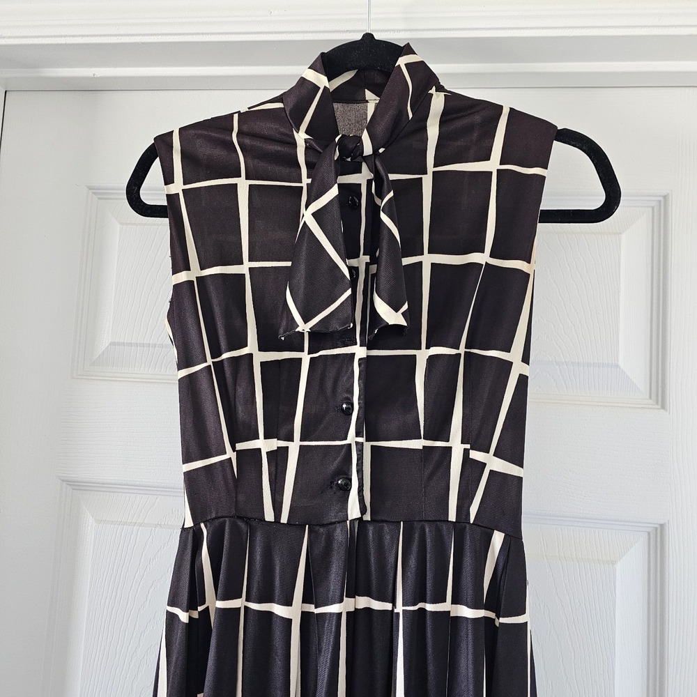 1960s 1970s Vintage Black White Necktie Geometric Design Above Knee Dress #75 - Picture 2 of 8